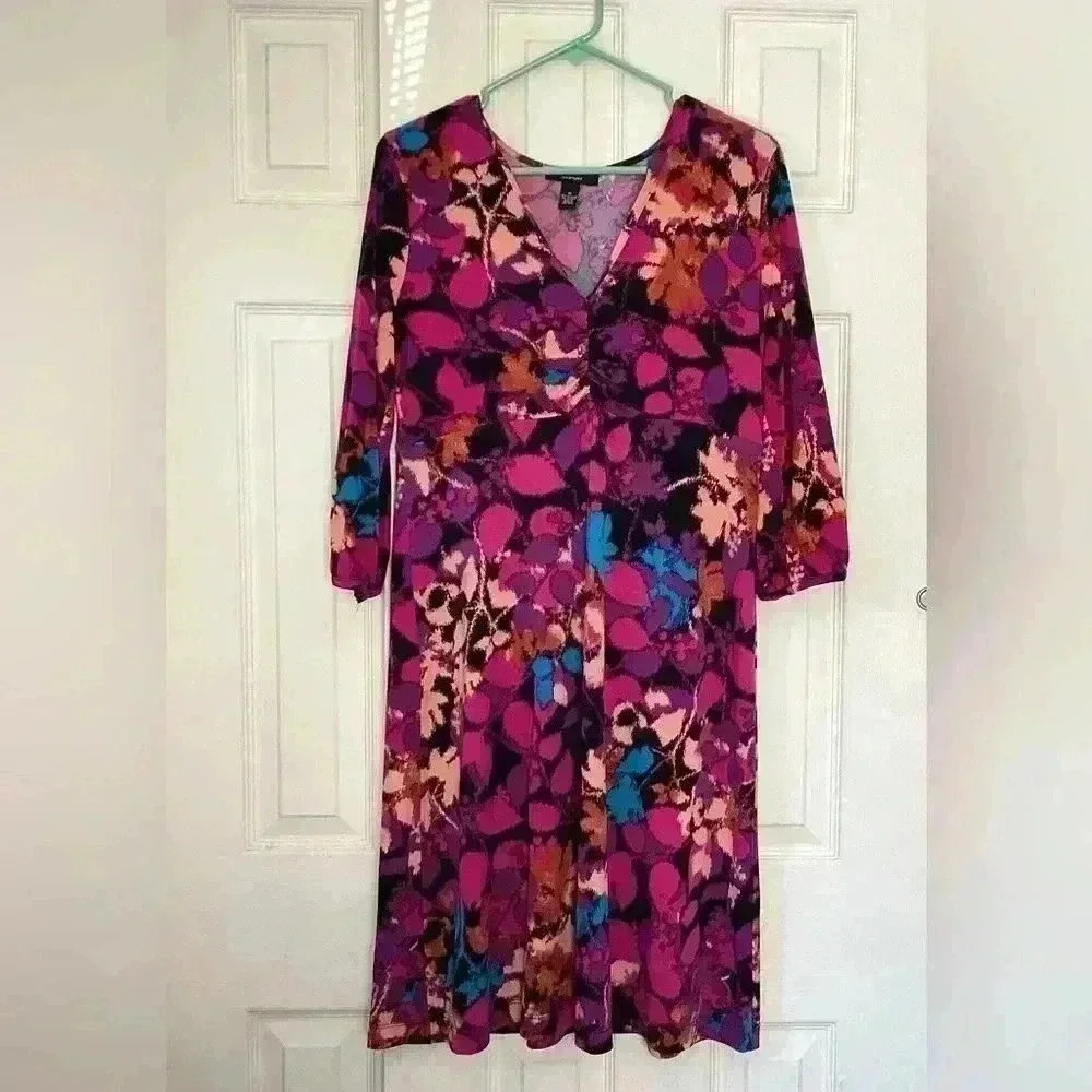 Alfani Multi colored V neck 3/4 Sleeves Boho Flowy  Midi Dress Size Medium